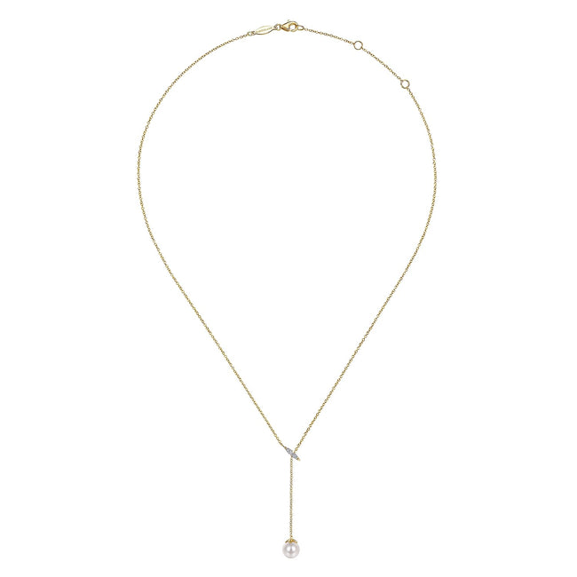 14K Yellow Gold Diamond And Pearl Y Knot Necklace