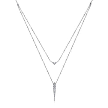 14K White Gold Layered Pavé Diamond Bar and Spike Pendant Necklace