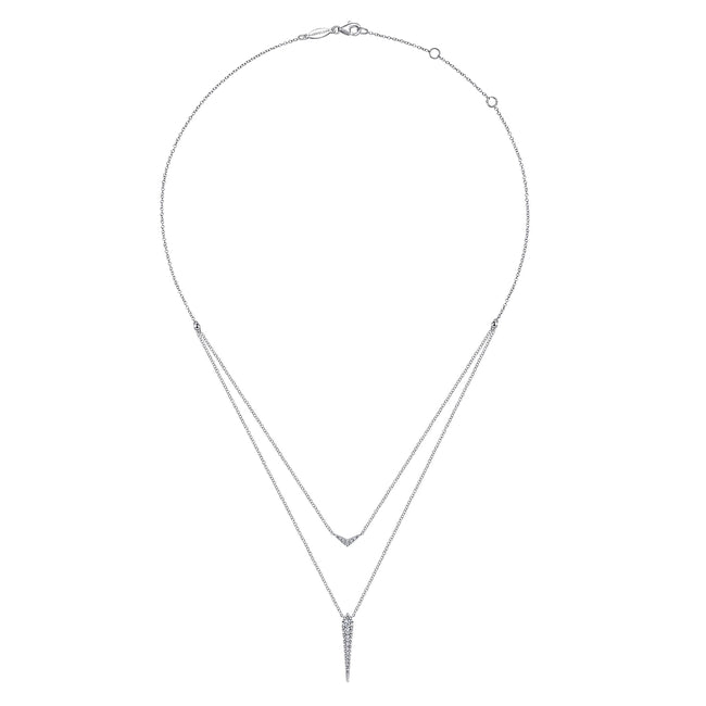 14K White Gold Layered Pavé Diamond Bar and Spike Pendant Necklace