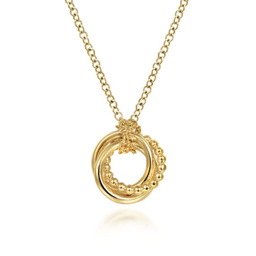 14K Yellow Gold Plain and Bujukan Beaded Interlocking Circles Pendant Necklace