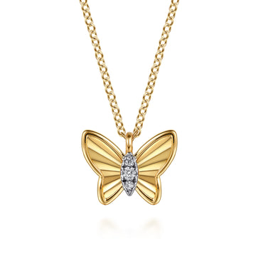 14K Yellow Gold Diamond Butterfly Necklace