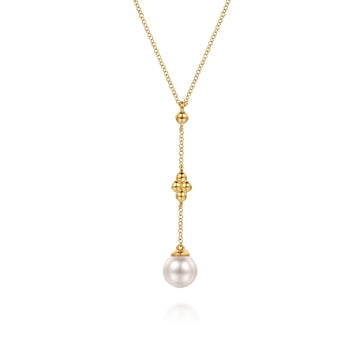 14K Yellow Gold Clover Bujukan and Pearl Drop Necklace
