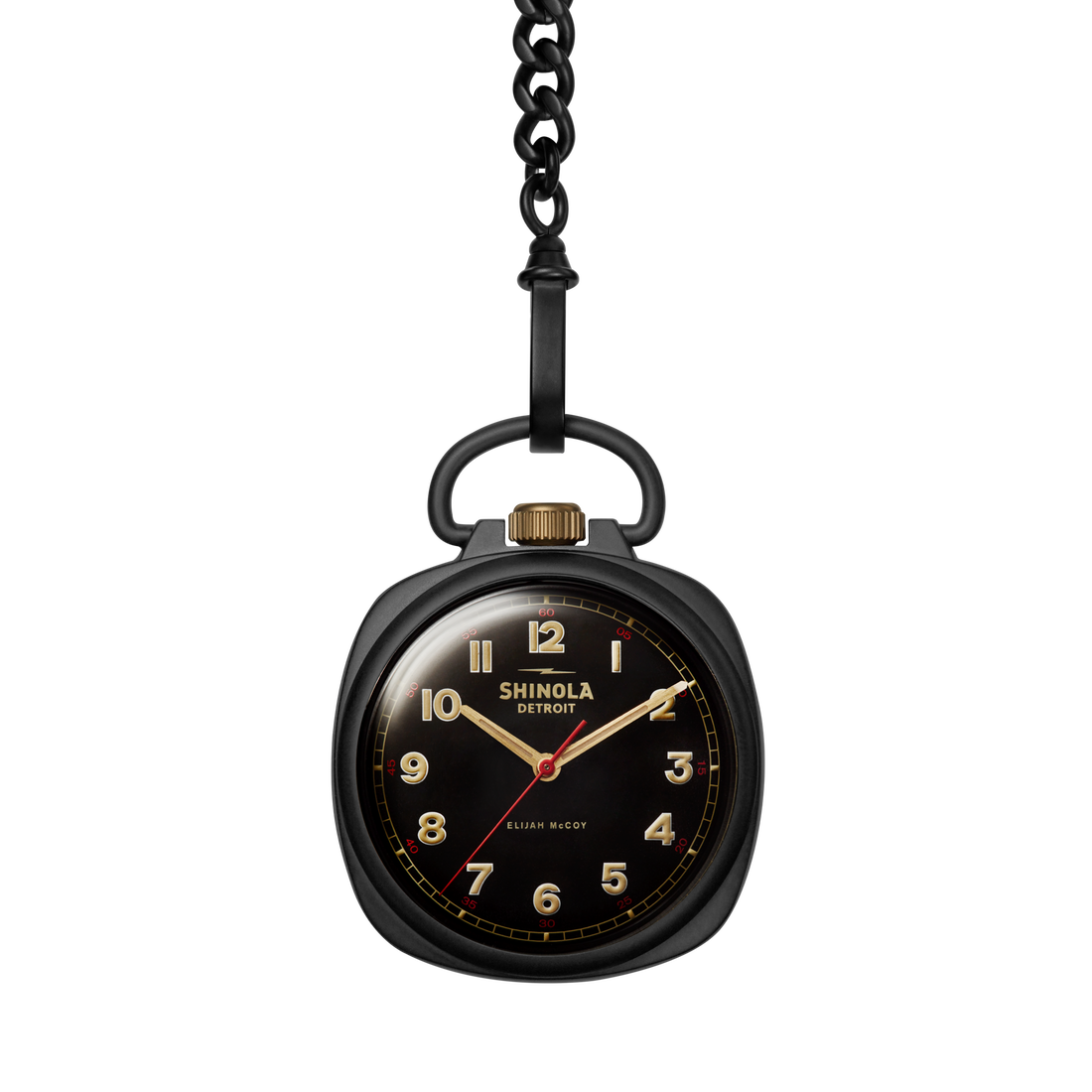 The Elijah McCoy Mechanic Pocket Watch - Black by Shinola is a limited edition with gold hands, gold hour markers, a black chain, and a round face showing "Shinola Detroit" on a white background.