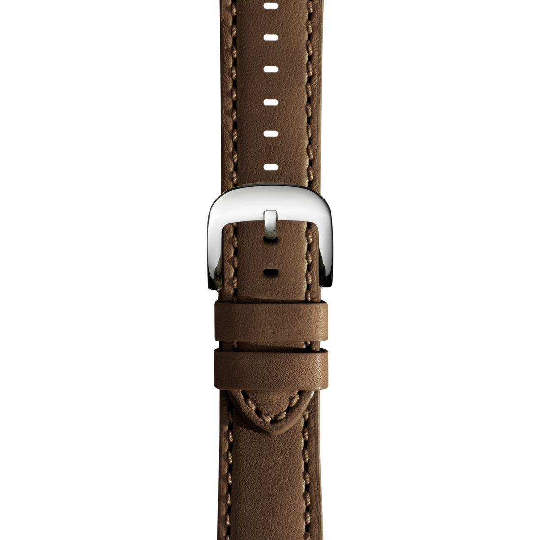 A close-up of the Shinola 20mm Dark Nut Brown Leather Watch Strap, showcasing beige stitching, a silver buckle, and two loops—all hand sewn in the USA—set against a white background.