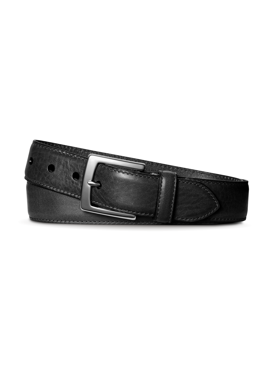 The Shinola 1 1/2" Bedrock Belt in black, coiled on a plain white background, features signature leather and a silver rectangular buckle with silver-toned hardware.