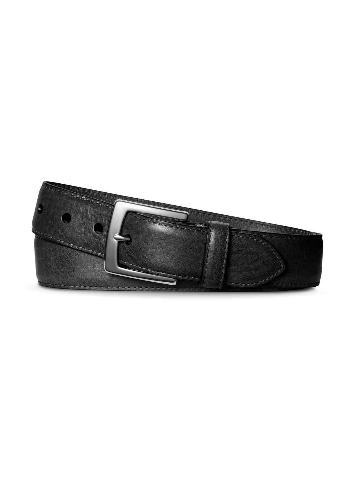 The Shinola 1 1/2" Bedrock Belt in black, coiled on a plain white background, features signature leather and a silver rectangular buckle with silver-toned hardware.
