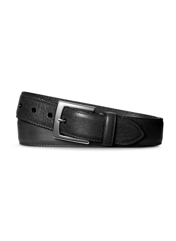 The Shinola 1 1/2" Bedrock Belt in black, coiled on a plain white background, features signature leather and a silver rectangular buckle with silver-toned hardware.