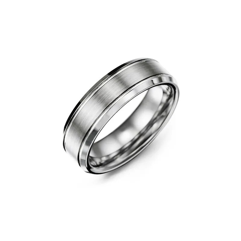 Beveled Edges Brush Center Tungsten Wedding Ring