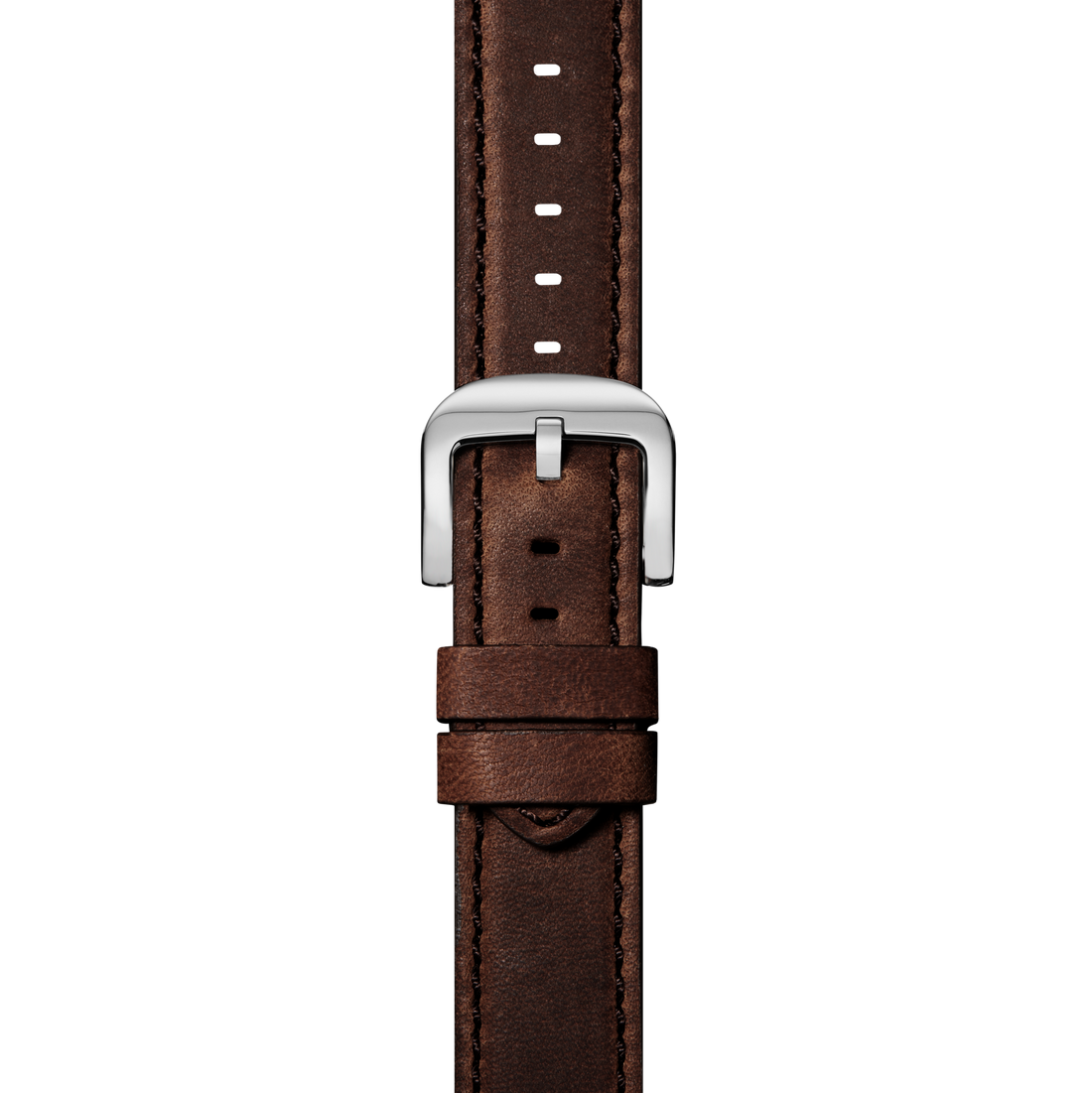 A close-up of the Shinola 20mm Cattail Leather Watch Strap shows its hand-sewn U.S. craftsmanship, silver buckle, detailed edge stitching, and multiple adjustment holes against a plain white background.