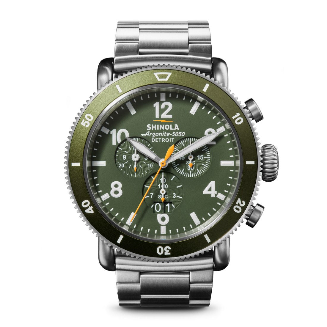 The Shinola Runwell Sport Chronograph Watch in Dark Olive features a stainless steel case, olive dial with white numerals, subdials, orange accents, and a metal link band—an ideal gift set displayed on a plain white background.